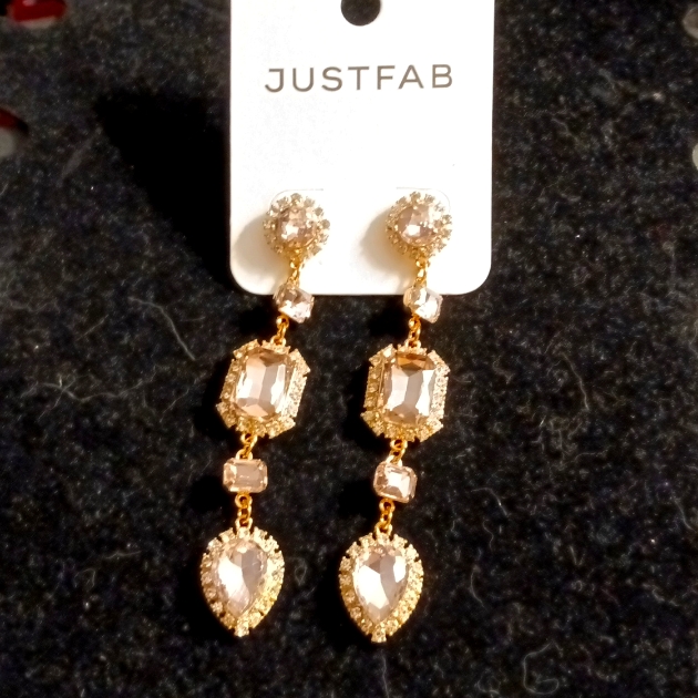 Golden And Light Pink Stone Triple Dangle Earrings
